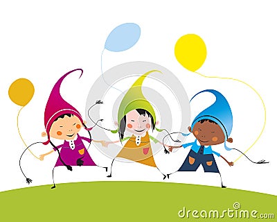 Multicultural children with balloons Vector Illustration