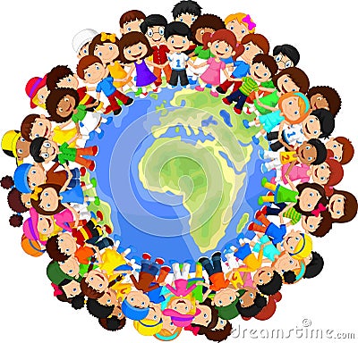 Multicultural children cartoon on planet earth Vector Illustration