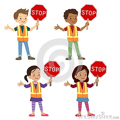 Multicultural children in crossing guard uniform Vector Illustration