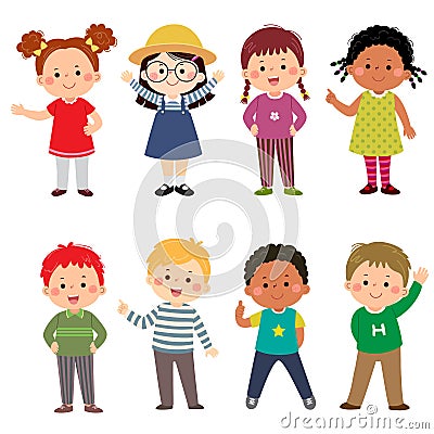 Multicultural children in different positions isolated on white background Vector Illustration