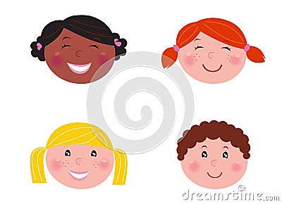 Multicultural children heads - isolated on white Vector Illustration