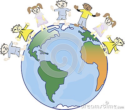 Multicultural children on planet earth, cultural diversity, traditional folk costumes. Earth is my friend. Vector Illustration