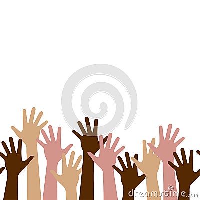 Multicultural crowd of people with hands up, teamwork of multinational team, horizontal seamless pattern Vector Illustration