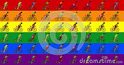 Multicultural group cyclists are riding bicycles lgbt flag background. Cartoon flat design , illustration Cartoon Illustration