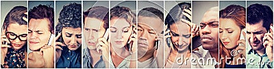 Multicultural group of sad people men and women talking on mobile phone Stock Photo