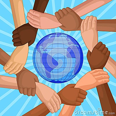 Multicultural hands around globe Vector Illustration