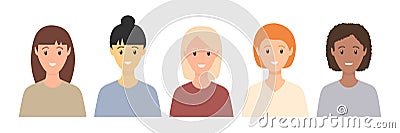 Multicultural happy young women set. People various races. Female caucasian, european, african, asian people Vector Illustration