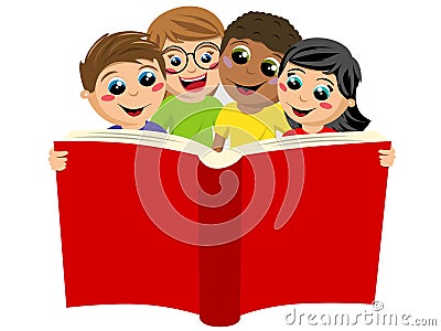 Multicultural kids children reading big book isolated Vector Illustration