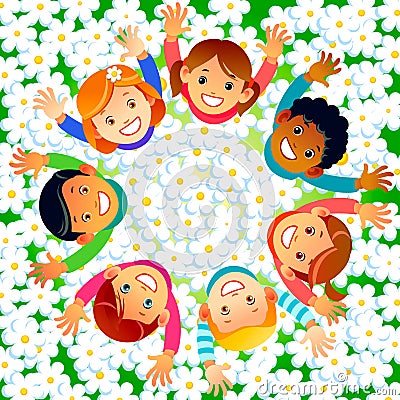 Multicultural Kids in a circle in the flowers with happy faces shoot from above lifting hands above. Happy Friendship Cartoon Illustration