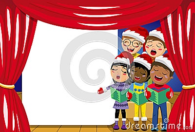 Multicultural kids wearing xmas hat singing Christmas carol nativity play stage copyspace Vector Illustration