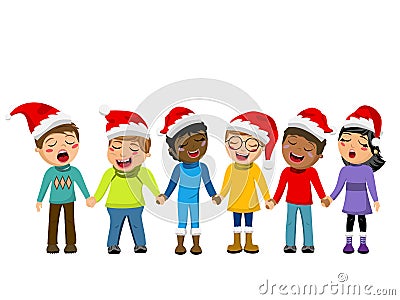 Multicultural kids xmas hat singing Christmas carol hand isolated Vector Illustration