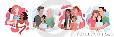 Multicultural multiracial happy family posing together, smiling with love and hugging Vector Illustration