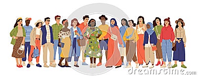 Multicultural people crowd. Diverse person group, isolated multi ethnic community portrait. Adult african european Vector Illustration