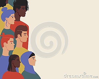 Multicultural people isolated, copy space template, flat vector stock illustration as social justice concept Vector Illustration