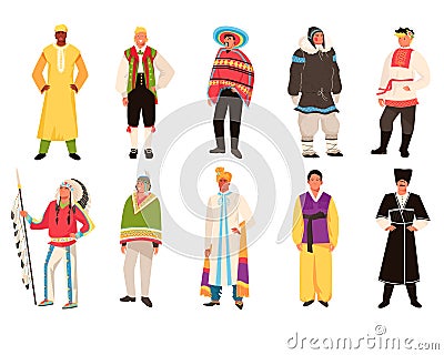 Multicultural people national traditional clothes vector illustration set, cartoon collection of characters of different Vector Illustration