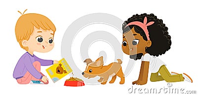 Multicultural school friends feeding pet puppy. Boy and girl playing with dog. Children caring for animals. Vector Illustration