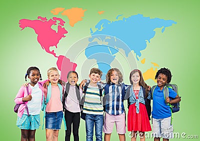 Multicultural School kids in front of colorful world map Stock Photo