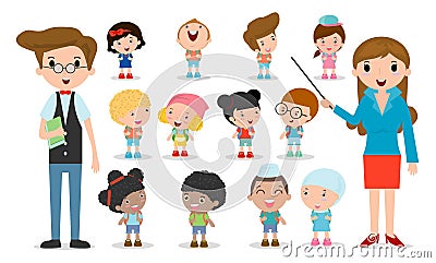 Multicultural school kids group, teacher and students, children go to school, back to school template with kids isolated on white Vector Illustration