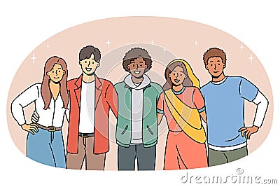 Multicultural smiling friends pose hug together Vector Illustration