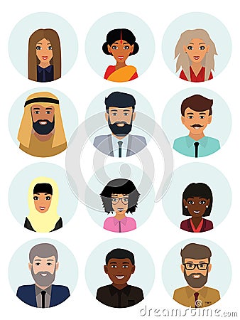 Multicultural society concept, man and woman characters. Flat icons set. Vector illustration Cartoon Illustration