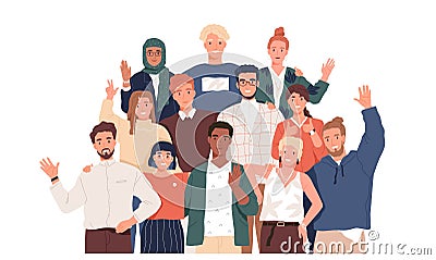 Multicultural team flat vector illustration. Unity in diversity. People of different nationalities and religions cartoon Vector Illustration