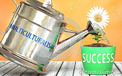 Multiculturalism helps achieve success - pictured as word Multiculturalism on a watering can to show that it makes success to grow Cartoon Illustration
