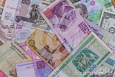 Multicurrency background of US dollars, Russian rubles, Belarusian rubles, Egyptian pounds and Ukrainian hryvnias Stock Photo