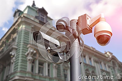multidirectional CCTV camera installed on a city street Stock Photo