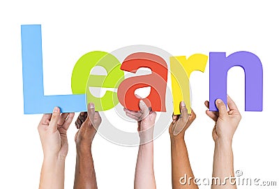Multiethnic Arms Raised Holding Text Learn Stock Photo