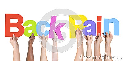 Multiethnic Arms Raised Holding Texts Back Pain Stock Photo