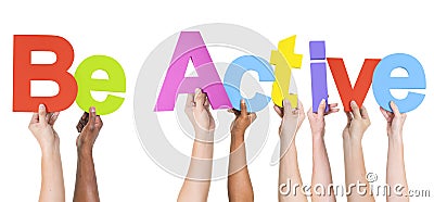 Multiethnic Arms Raised Holding Texts Be Active Stock Photo