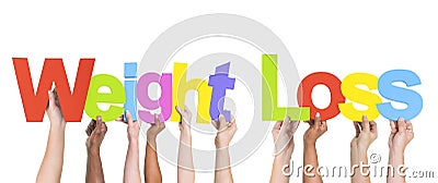 Multiethnic Arms Raised Holding Texts Weight Loss Stock Photo