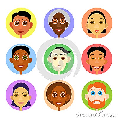 Multiethnic avatars set in flat vector style Vector Illustration