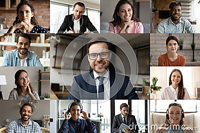 Multiethnic colleagues brainstorm speak on group video call Stock Photo