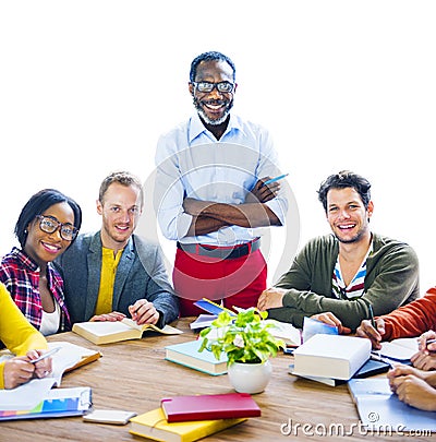 Multiethnic Cheerful Students with the Professor Stock Photo