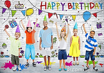 Multiethnic Children Celebrate Happy Birthday Party Stock Photo