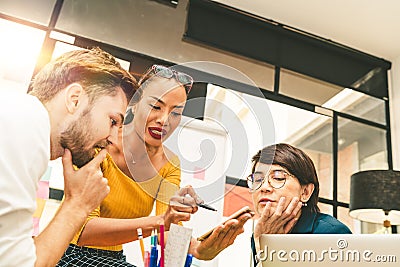 Multiethnic diverse group of creative team, casual business people, or college students in strategic meeting or project brainstorm Stock Photo