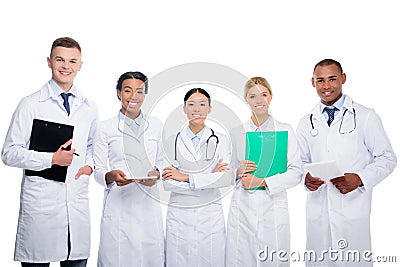 multiethnic doctors with stethoscopes, clipboard and tablet Stock Photo