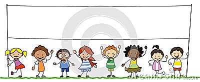 Multiethnic group of kids holding blank banner illustration Vector Illustration