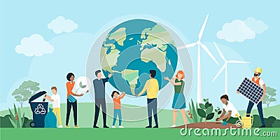 Multiethnic group of people cooperating for environmental protection Vector Illustration