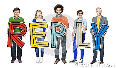 Multiethnic Group of People Holding Word Reply Stock Photo