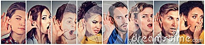 Multiethnic group of young people men and women listening eavesdropping Stock Photo