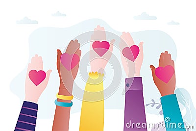 Multiethnic hands holding hearts on open palms. A call for peace and love. Movement for equality and freedom. Male and female arms Vector Illustration