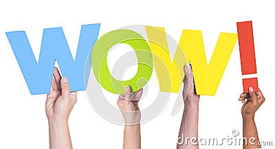 Multiethnic Hands Holding Text Wow with Exclamation Point Stock Photo