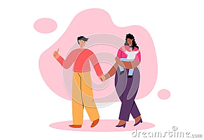 Multiethnic happy couple with kid. Young parents walk with their sons and express love and care. Wife and Husband Vector Illustration