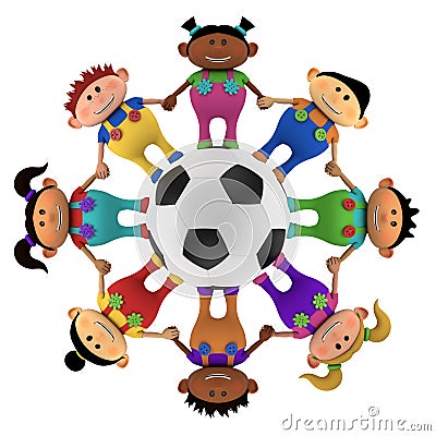 Multiethnic kids around a football Cartoon Illustration