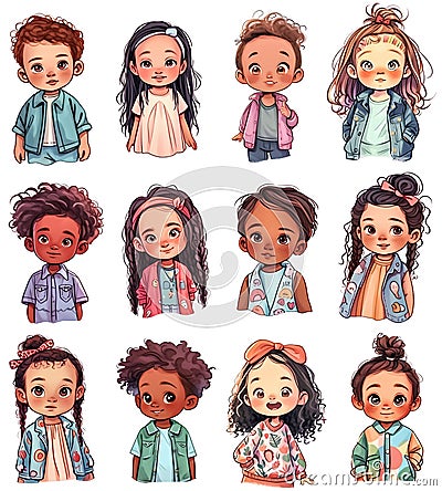 Multiethnic kids avatars set, isolated cute children characters, cartoon boys and girls Stock Photo