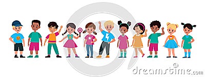 Multiethnic kids. Smiling preschool cute children boys and girls, standing in line teenagers friends group raising hand Vector Illustration