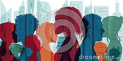 Multiethnic and multicultural population and society. Family community. Group of people diversity silhouette from the side. Crowd Vector Illustration