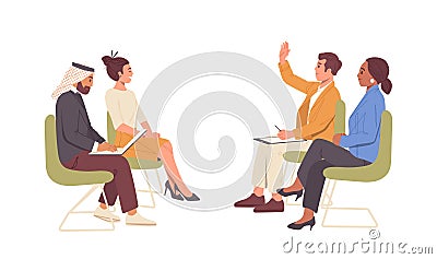 Multiethnic people audience sitting on chairs and taking part in international press conference Vector Illustration
